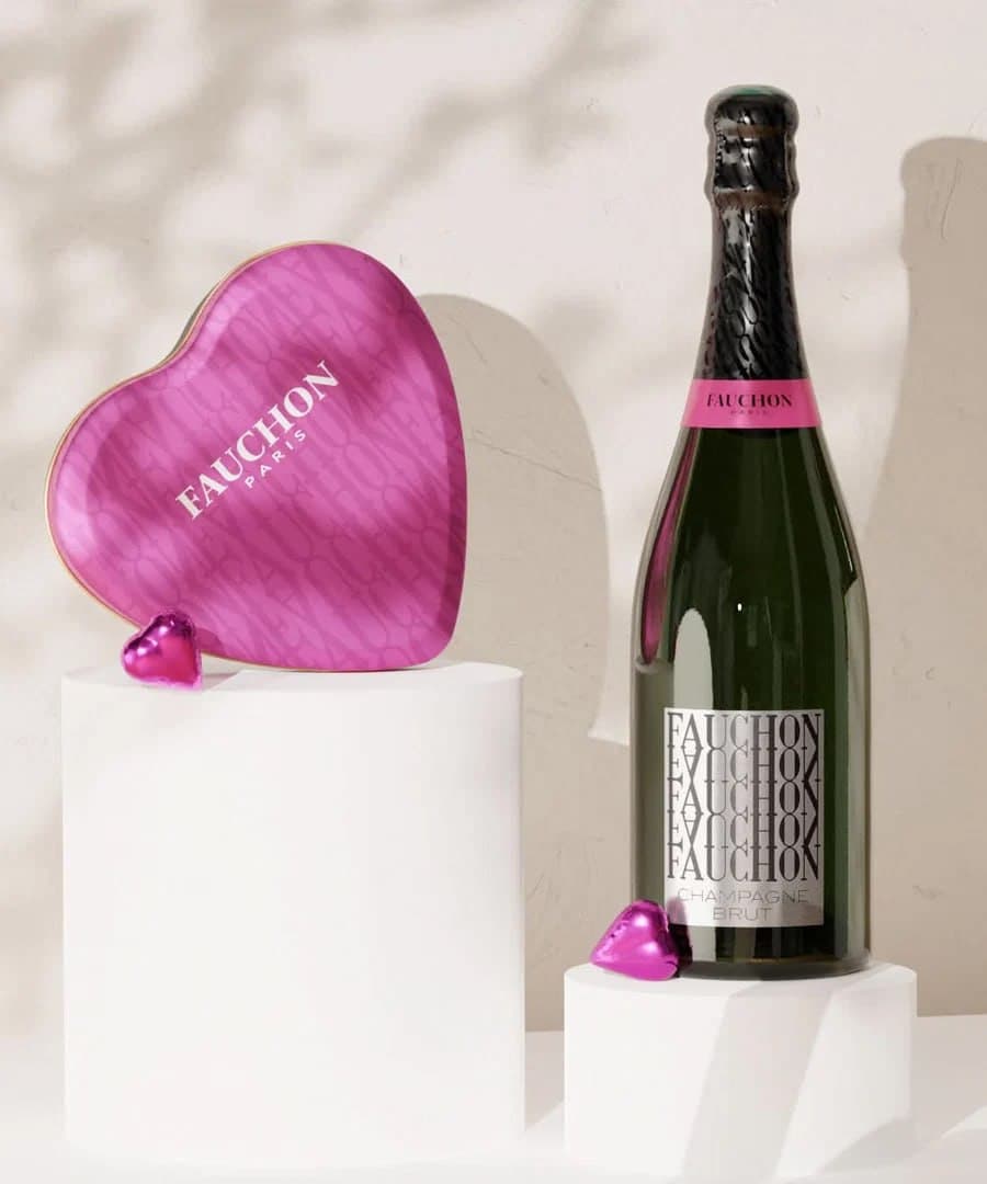 Coffret Accord Cœur : Champagne Fauchon et boîte cœur rose